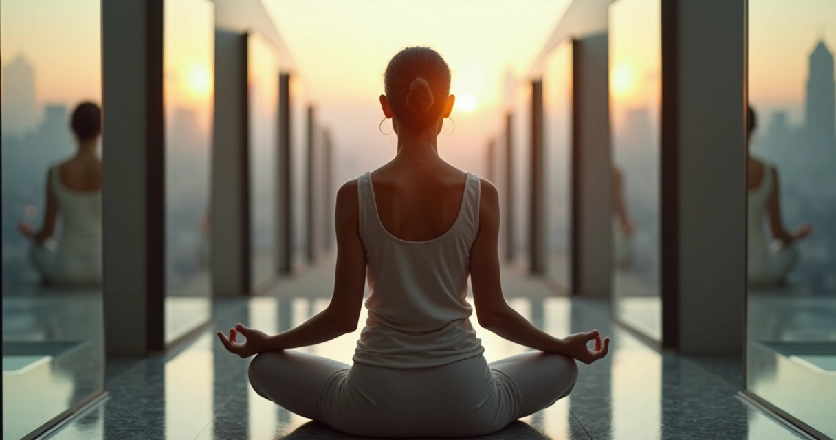 Pessoa olhando para si mesma refletida em vários espelhos diferentes. 