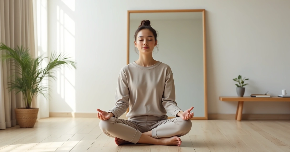 Pessoa sentada diante de espelho grande praticando autopercepção consciente 