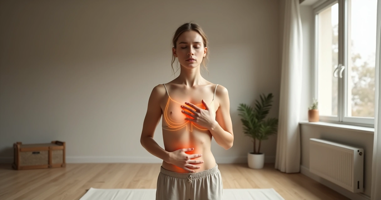 Pessoa em pé com olhos fechados tocando o próprio peito, percebendo sensações corporais em ambiente calmo 