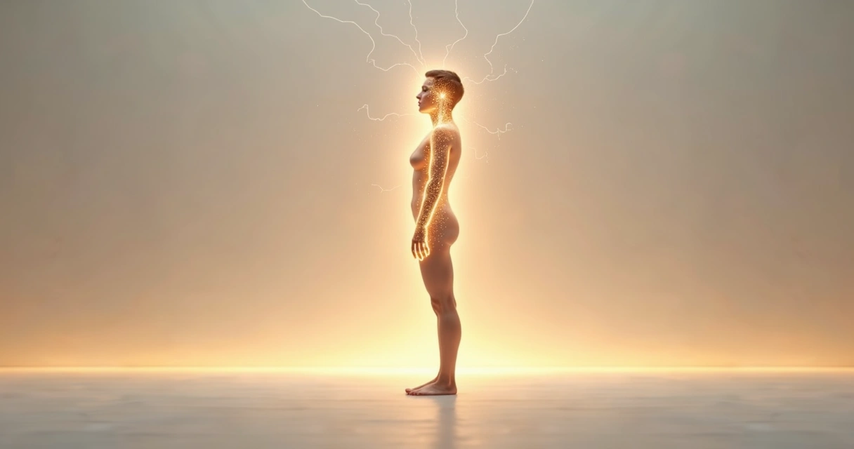Silhueta de pessoa em pé com luz suave conectando corpo e mente 