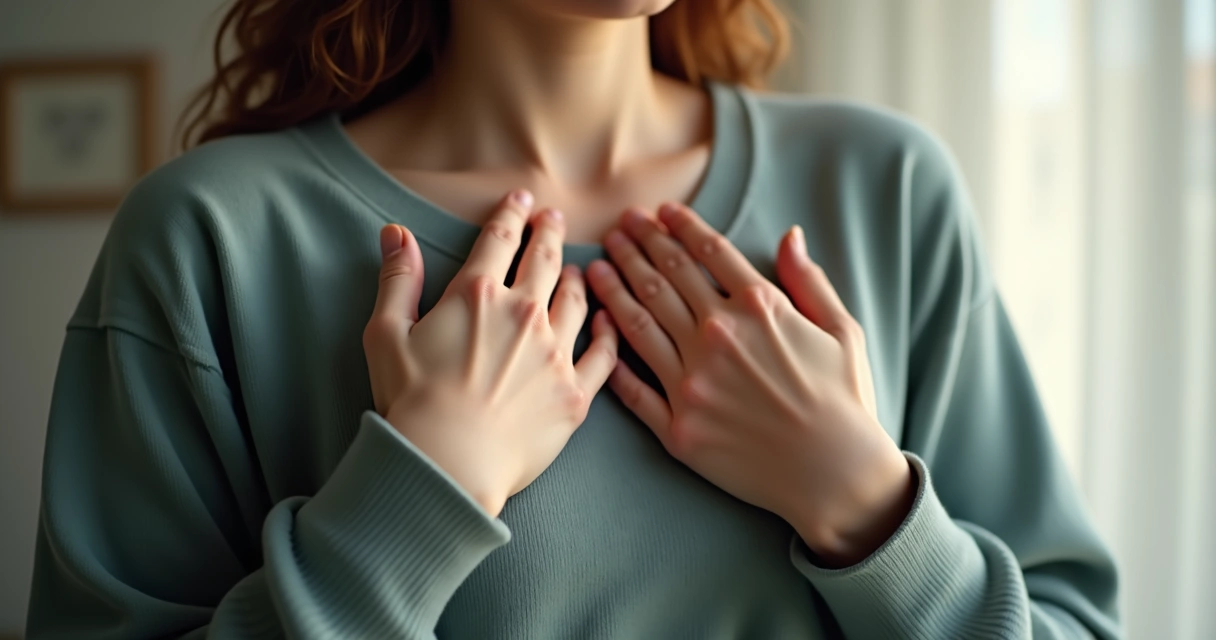 Detalhe das mãos de uma pessoa segurando o peito, expressão corporal de autopercepção 