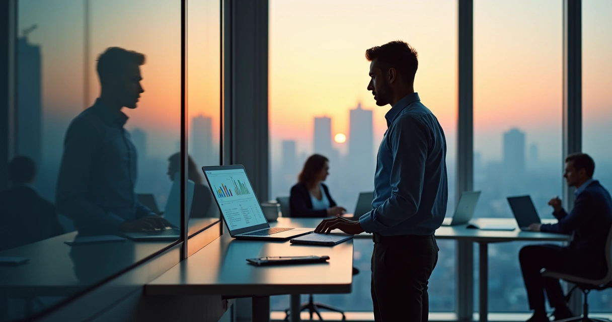 Profissional em escritório olhando reflexo em vidro com cidade ao fundo 