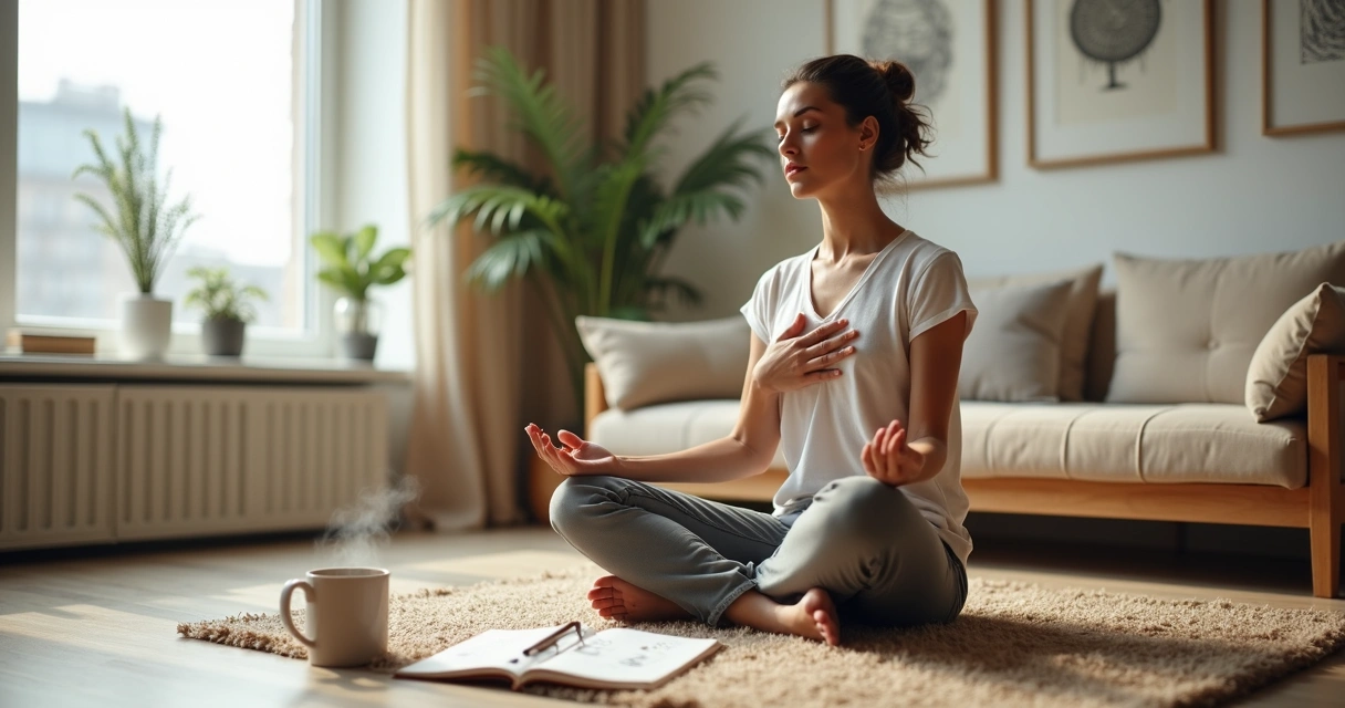 Pessoa em casa em postura de meditação praticando autopercepção emocional 