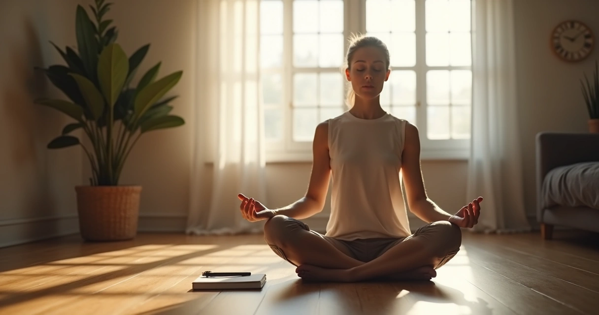 Pessoa meditando em espaço com luz suave, caderno e caneta ao lado 