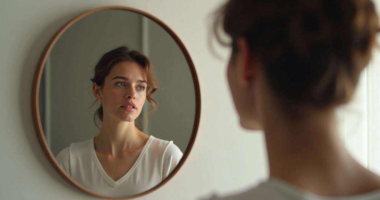 Pessoa olhando para o próprio reflexo em um espelho redondo, expressão pensativa. 