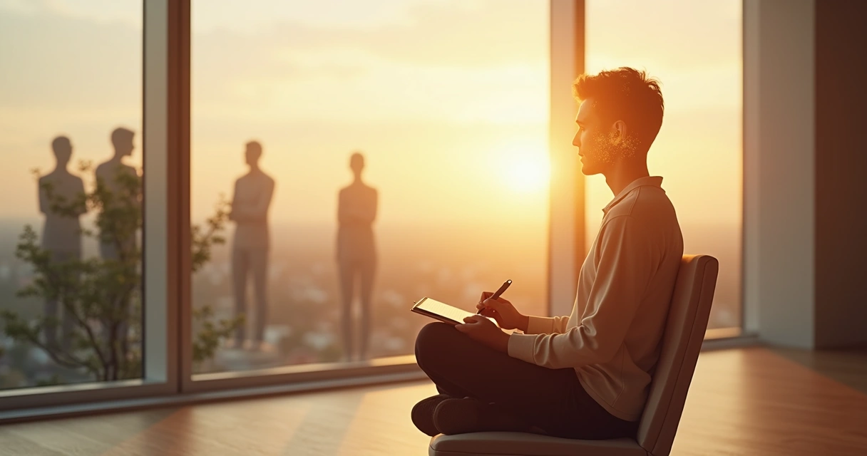 Pessoa sentada em silêncio diante de janela grande refletindo sobre escolhas 