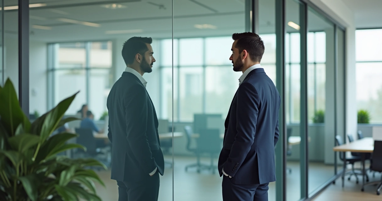 Colaborador olhando para seu reflexo em espelho dentro de ambiente corporativo