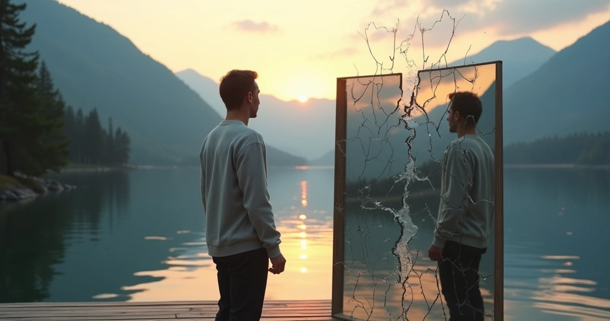 Pessoa olhando reflexo fragmentado em painel de espelhos em frente a lago ao entardecer 