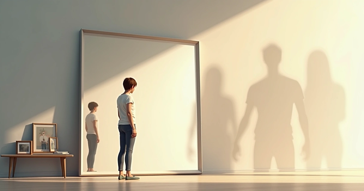 Pessoa olhando para o próprio reflexo em um espelho, ambiente iluminado e tons neutros