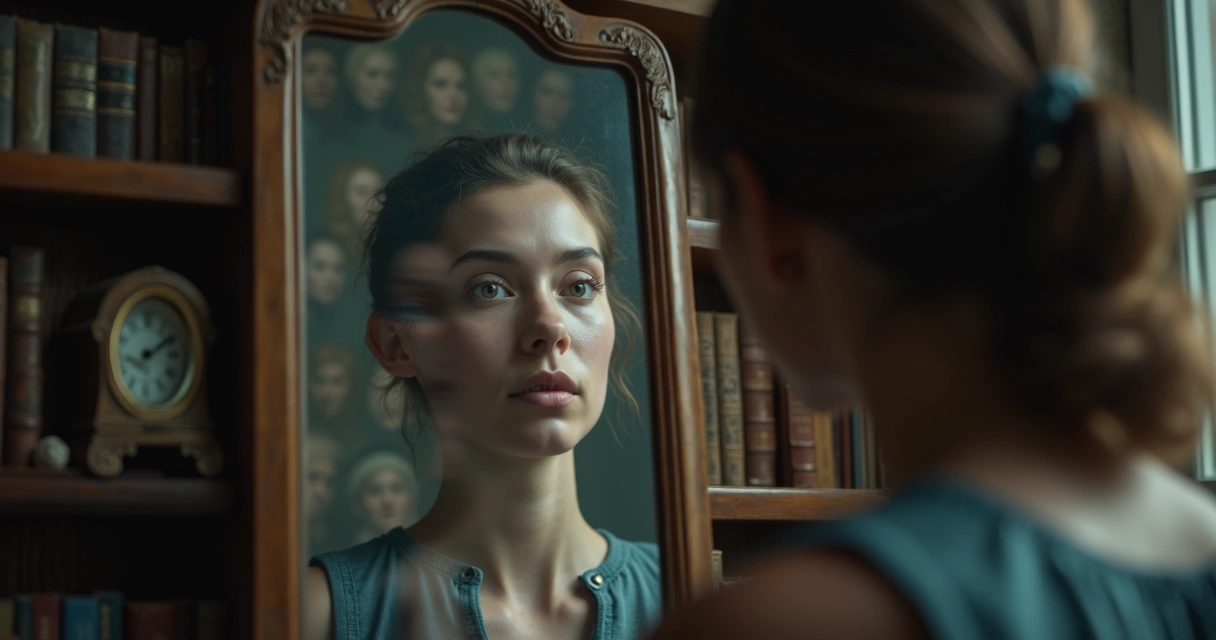 Pessoa diante de espelho, com o reflexo mostrando vários rostos ao fundo, representando sociedade 