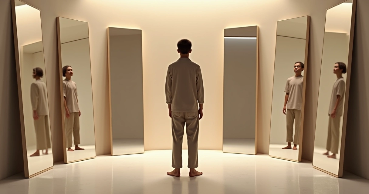 Pessoa observando múltiplos reflexos distorcidos em espelhos geométricos 