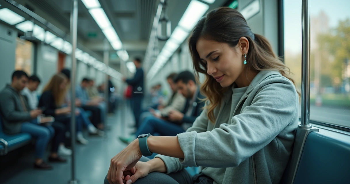 Pessoa em metrô olhando pulseira com pequenas etiquetas de gastos flutuando ao redor 