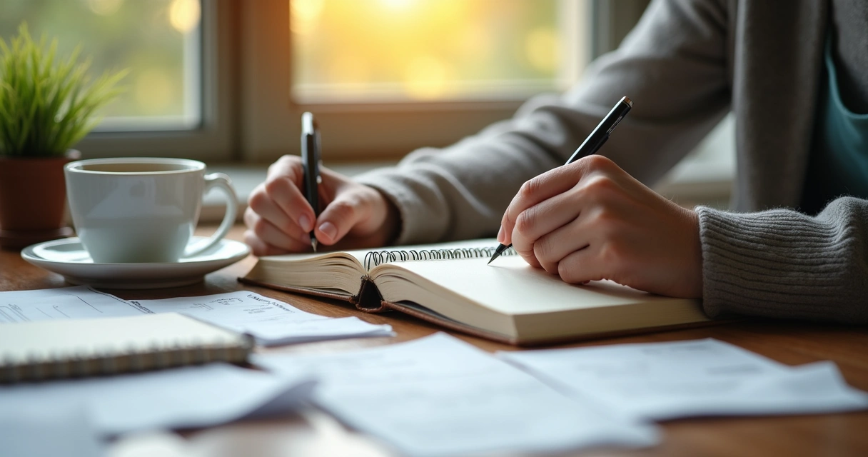 Pessoa analisando suas finanças em ambiente tranquilo e silencioso, com caderno e caneta