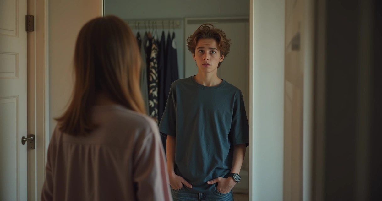 Jovem olhando para o espelho, expressão de dúvida. 