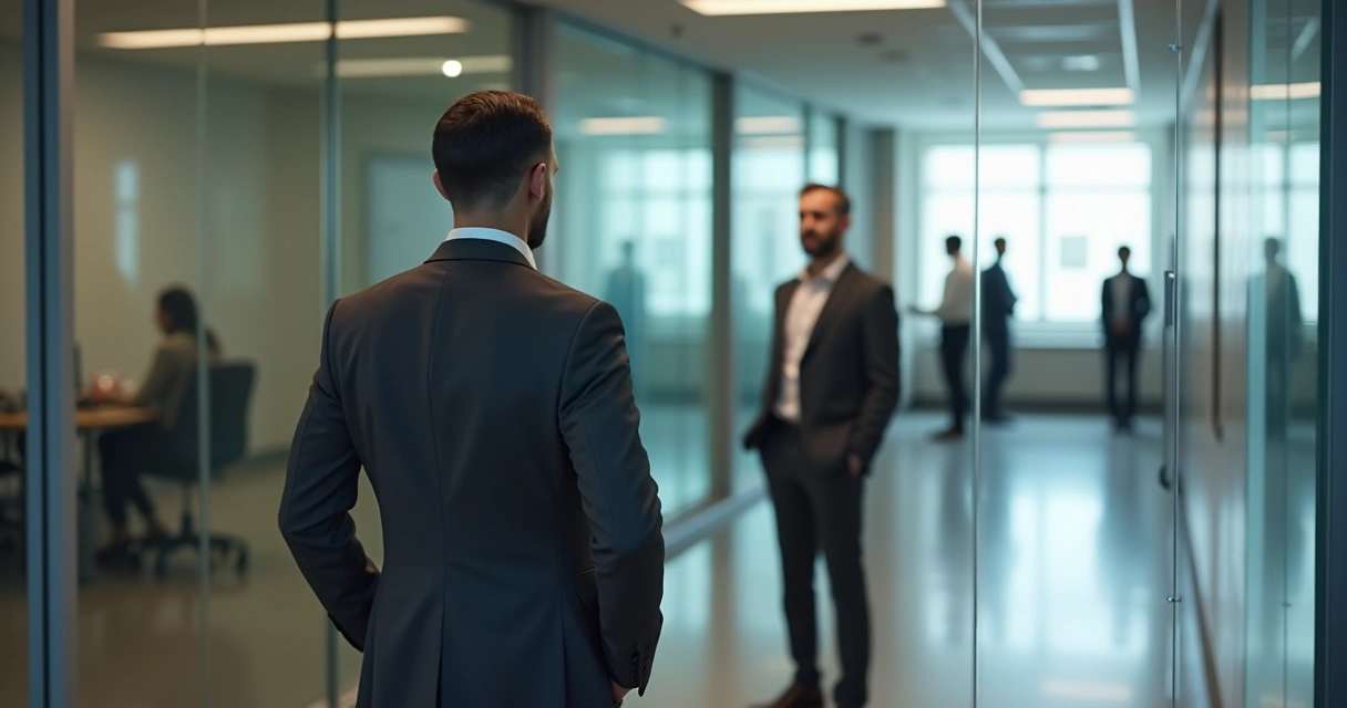 Líder observa seu reflexo em espelho com cenário corporativo ao fundo 