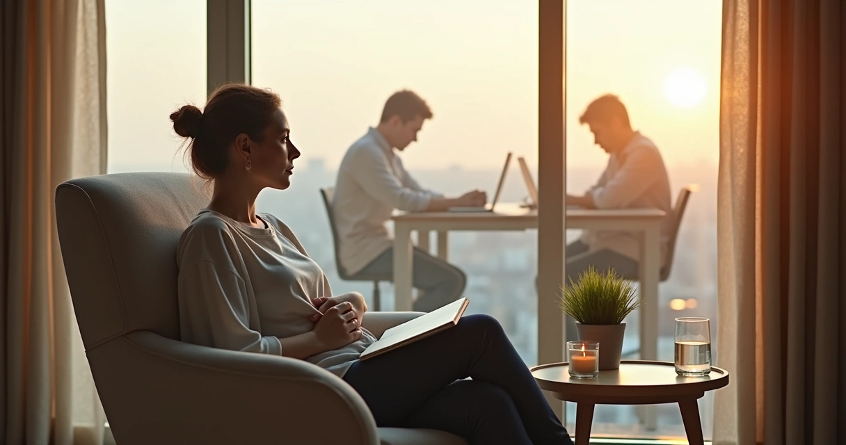 Pessoa sentada refletindo em uma sala calma com luz suave 