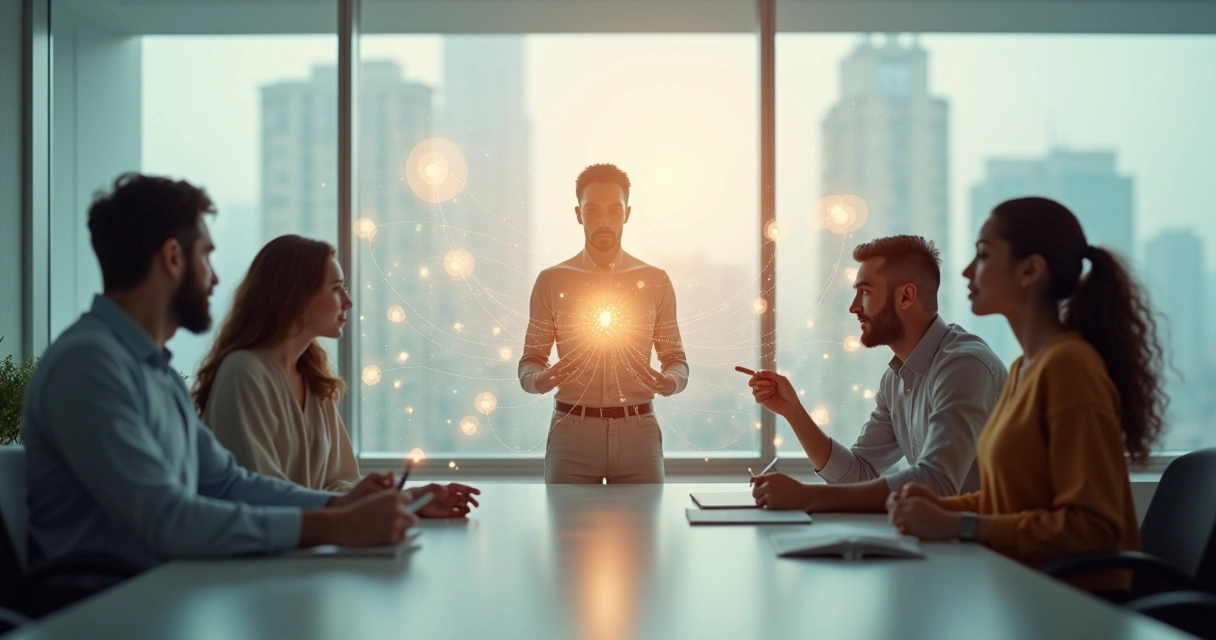 Grupo diverso de pessoas conectando pontos luminosos saindo de uma silhueta humana central 