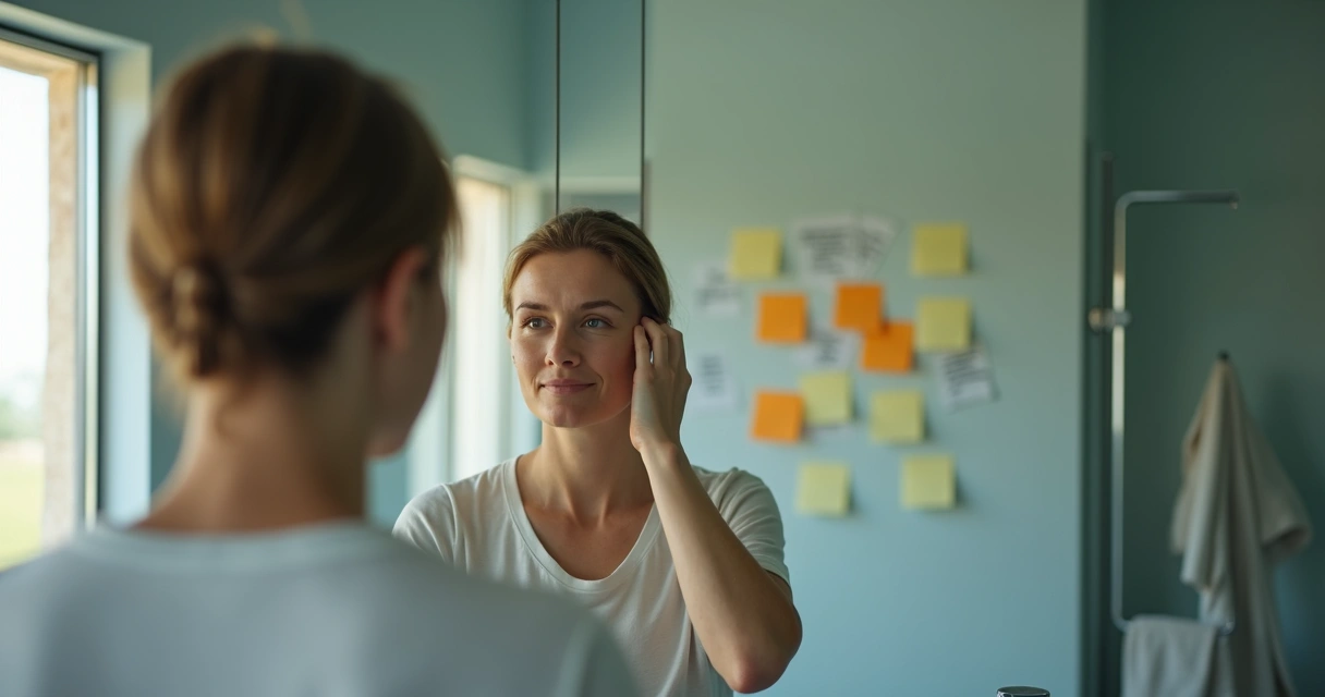 Pessoa diante do espelho dividida entre autopercepção calma e autocrítica pesada 