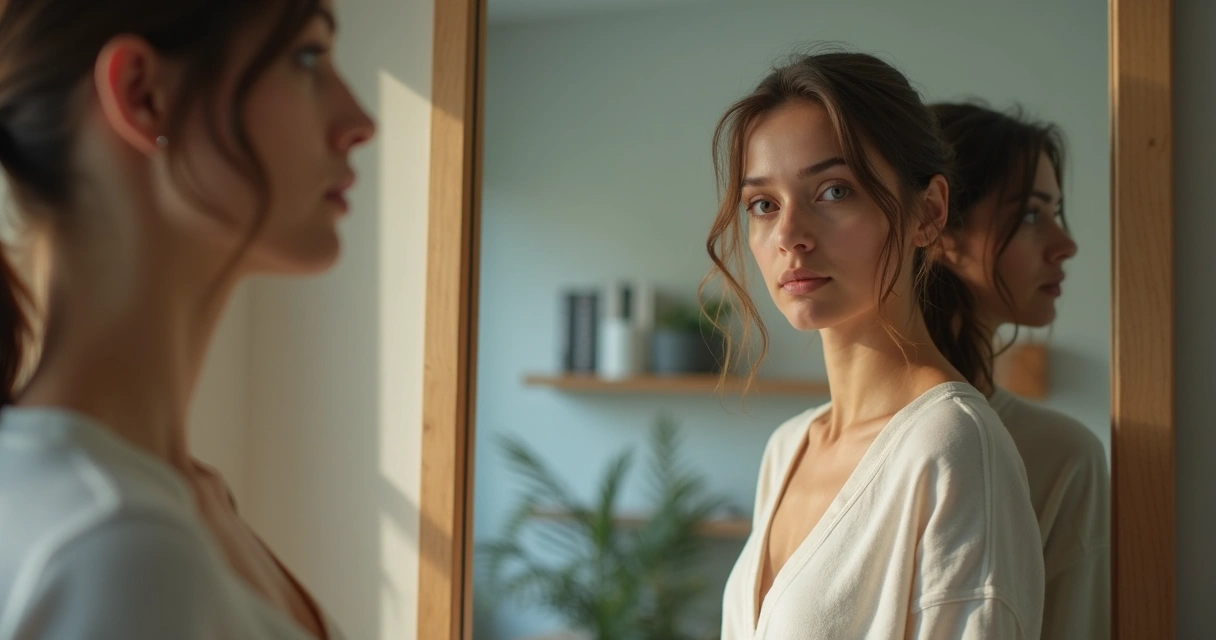 Pessoa diante do espelho dividida entre visão interna e imagem refletida 