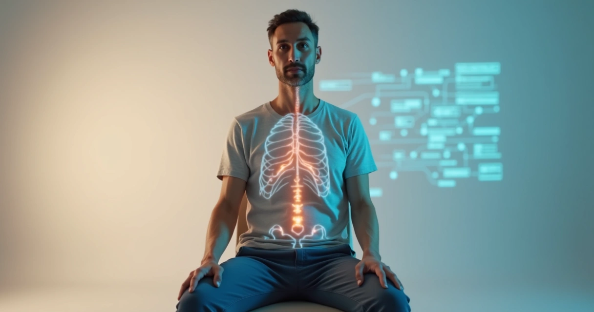 Persona sentada con silueta corporal iluminada y puntos de sensación conectados a un diagrama de decisiones 