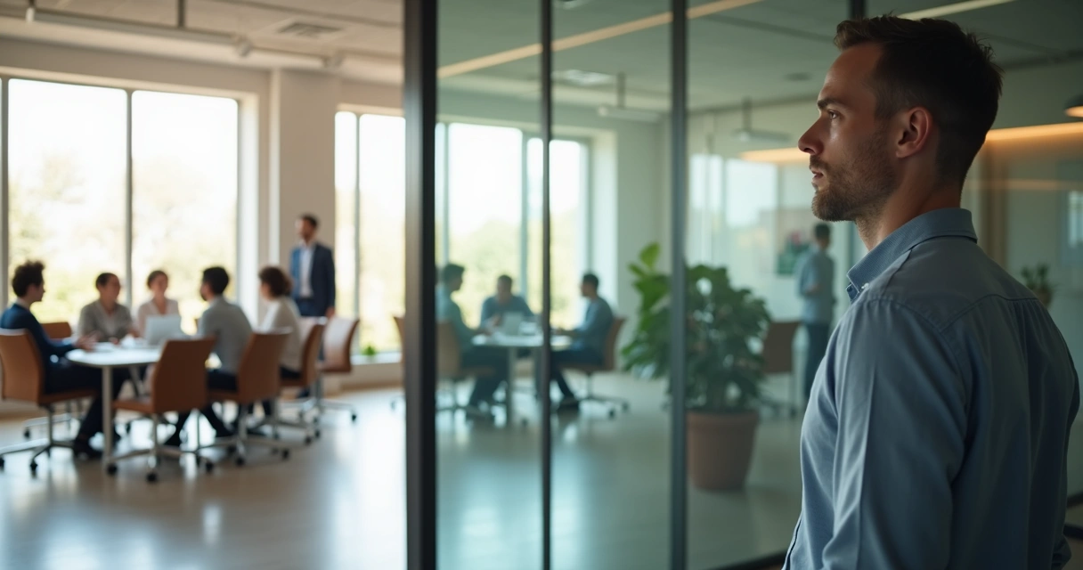 Profesional observando su reflejo en un vidrio con un equipo colaborando al fondo 