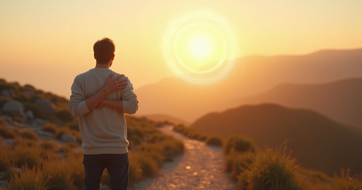 Pessoa em reflexão se abraçando diante de bifurcação de caminhos 