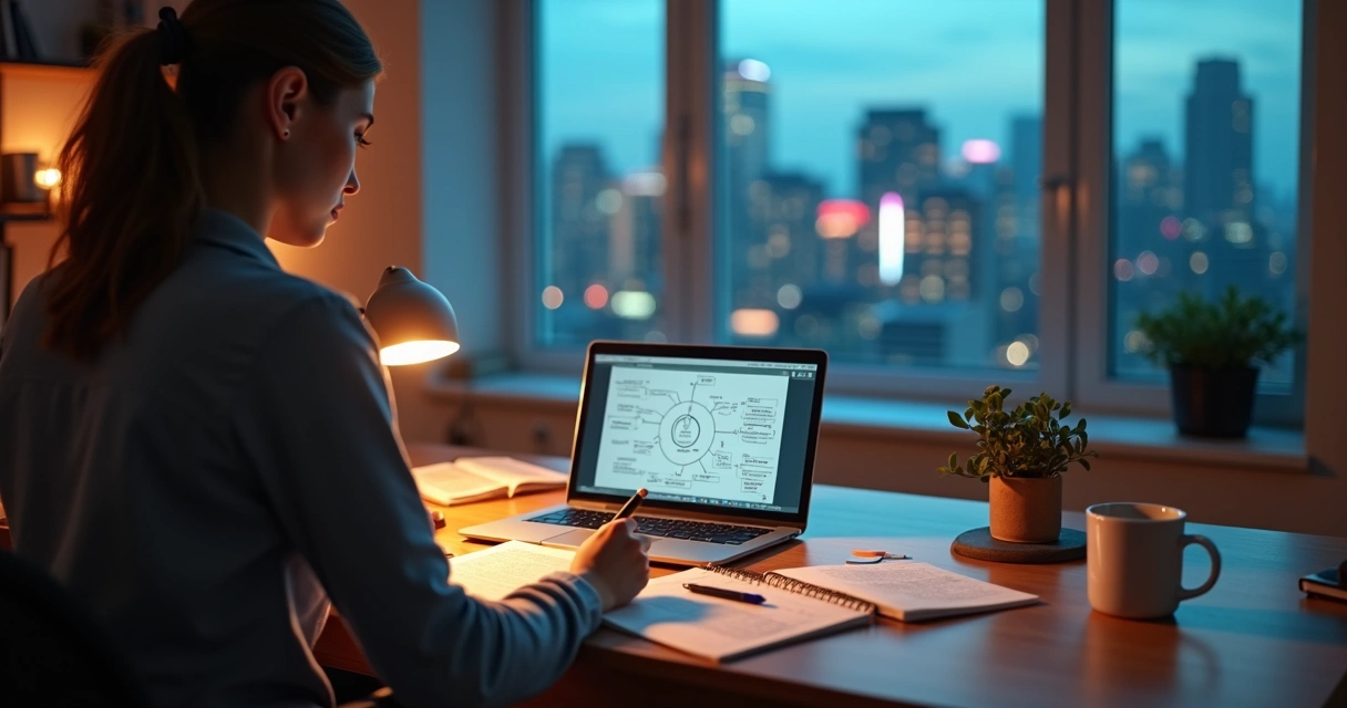 Pessoa escrevendo anotações científicas sobre autopesquisa diante de janela com cidade futurista ao fundo 