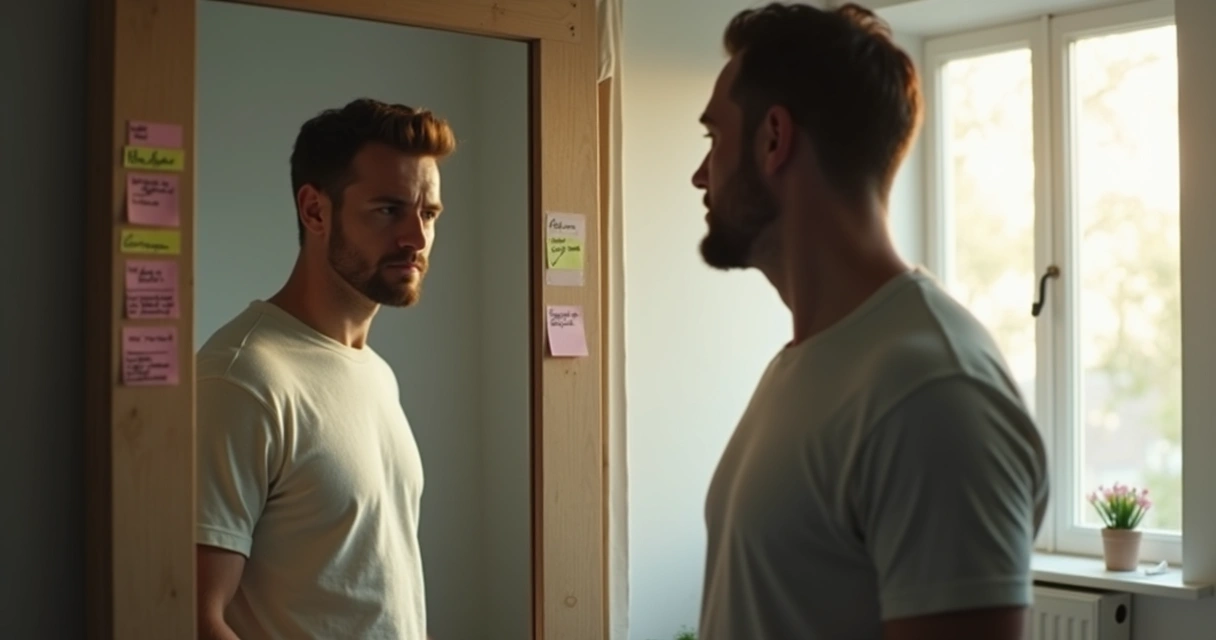Man looking at his reflection in the mirror, pondering changes, with reminders on the wall 