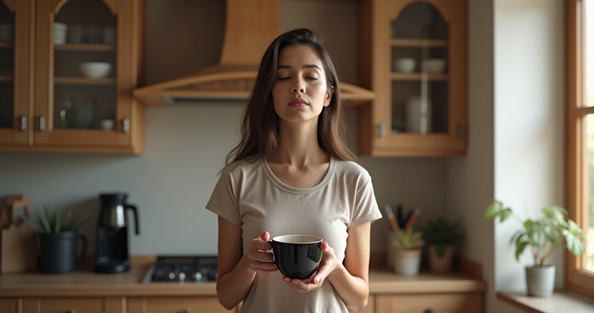 Person pausing in the middle of a routine activity, taking a deep breath, hands still for a moment