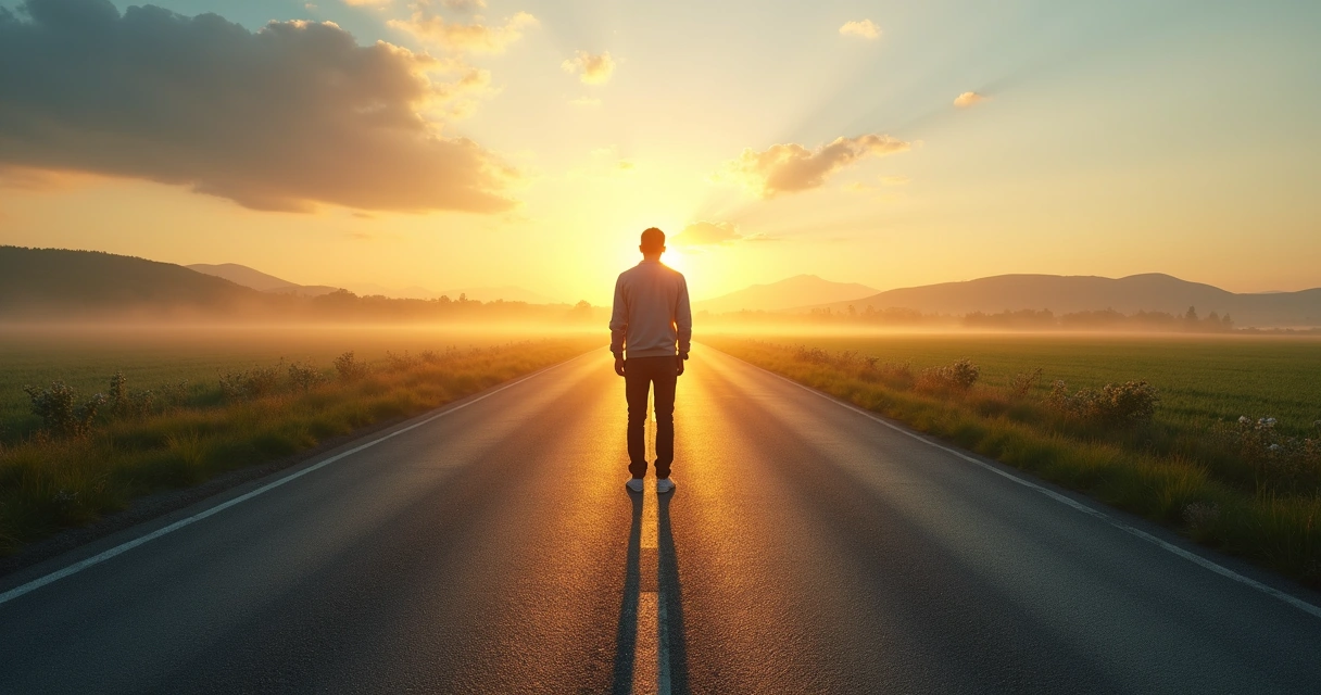 Person standing at crossroads between dark autopilot road and bright conscious path 
