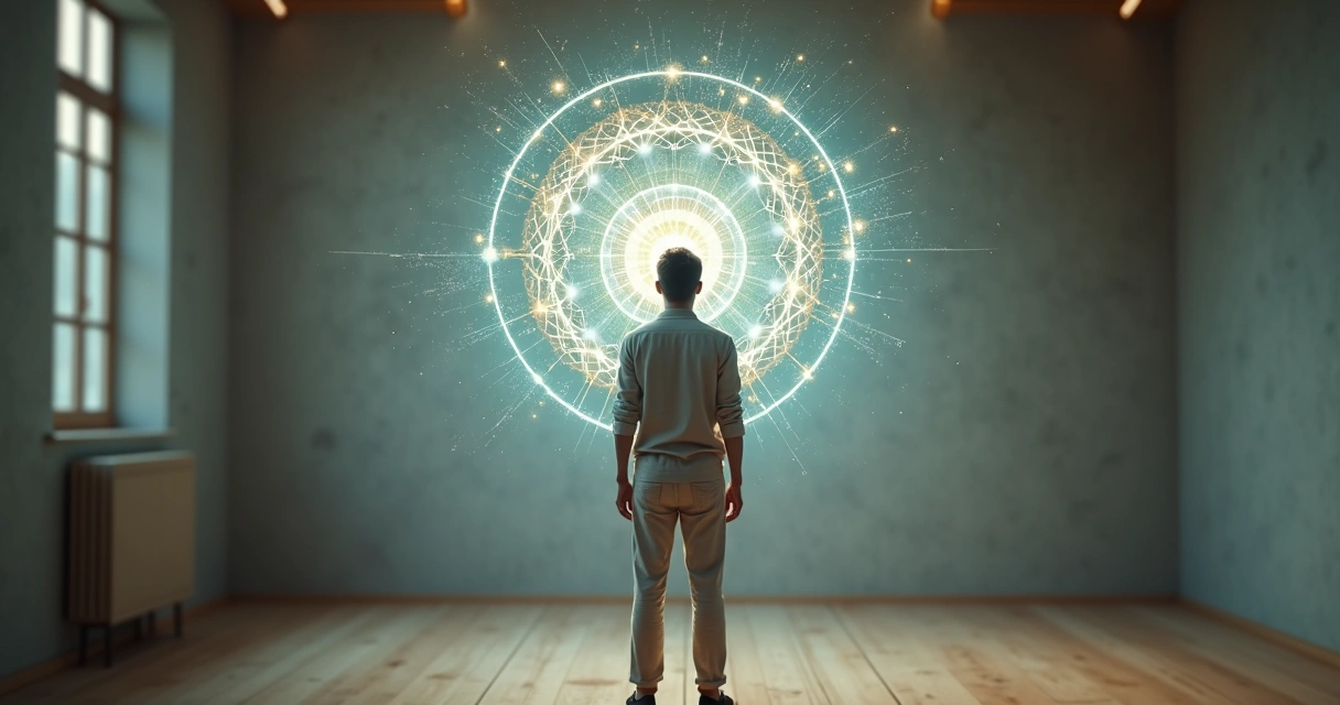 Persona observando un mandala luminoso que simboliza el autodesarrollo y la autopoiesis 