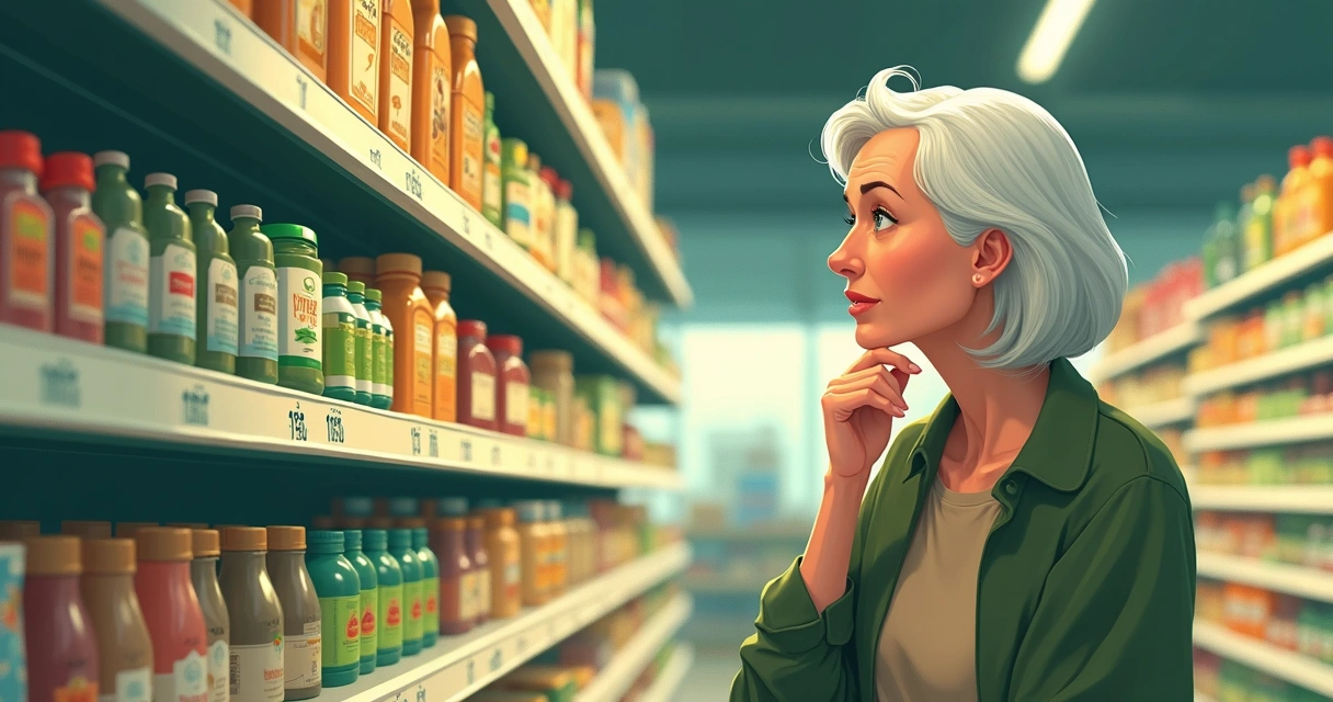 Pessoa refletindo sobre escolhas de produtos em supermercado 