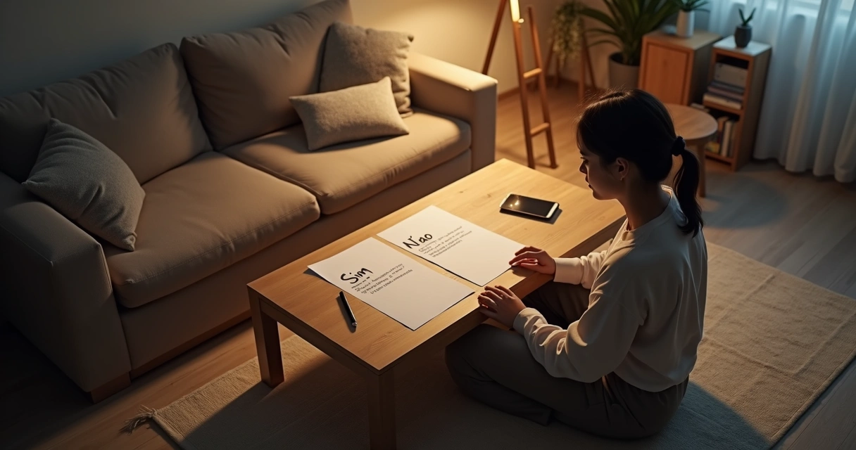 Pessoa em sala simples olhando duas folhas sobre a mesa com ambiente meio luz e sombras 