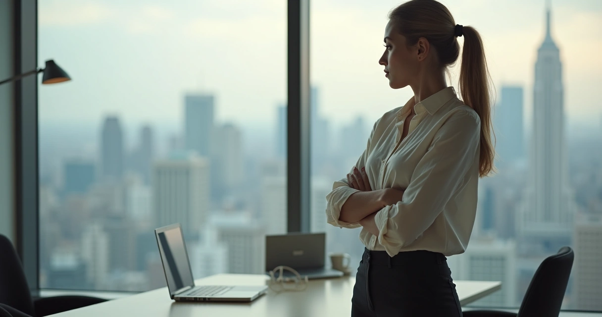 Mulher olhando para uma janela de escritório, expressão reflexiva, ambiente moderno, simbolizando autorreflexão profissional 