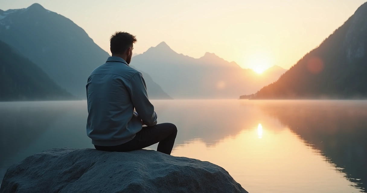 Pessoa sentada em pedra na beira de lago tranquilo, refletindo, com montanhas ao fundo