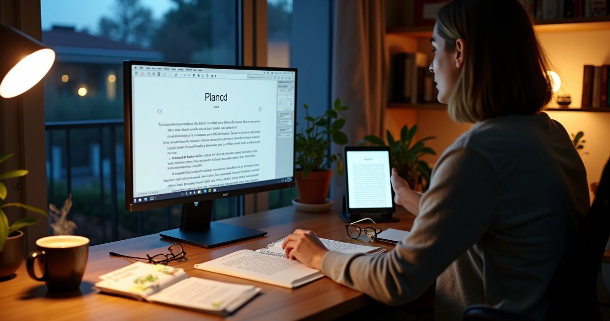 Autor independente ajustando diagramação de ebook em telas digitais 