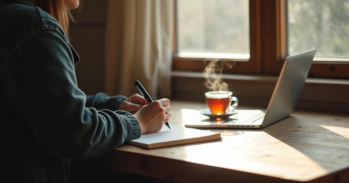 Autor escrevendo em mesa silenciosa com caderno e chá 