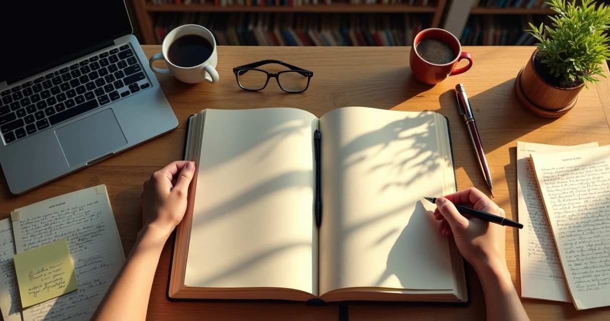 Pessoa escrevendo primeira página de um livro em caderno aberto sobre mesa de madeira 