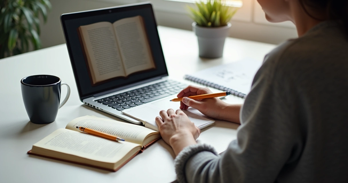 Pessoa digitando livro em notebook com anotações e xícara de café 