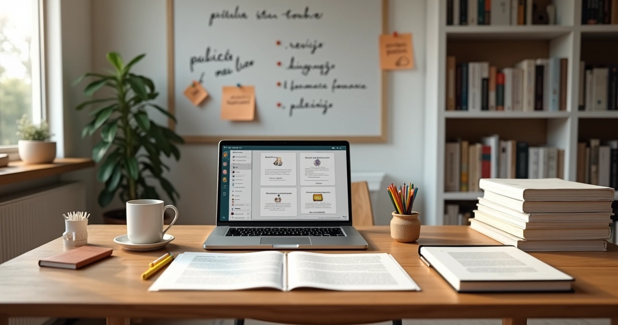 Autor independente organizando versões impressa e digital do livro na mesa de trabalho 