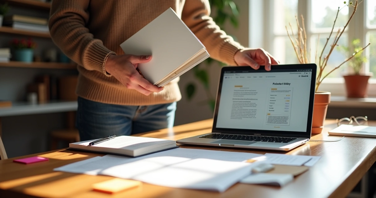 Autor segurando livro físico enquanto visualiza a versão digital em dispositivos 