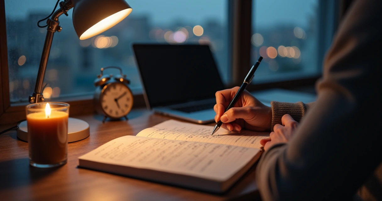 Autor focado escrevendo em caderno à noite ao lado de janela com cidade desfocada ao fundo 