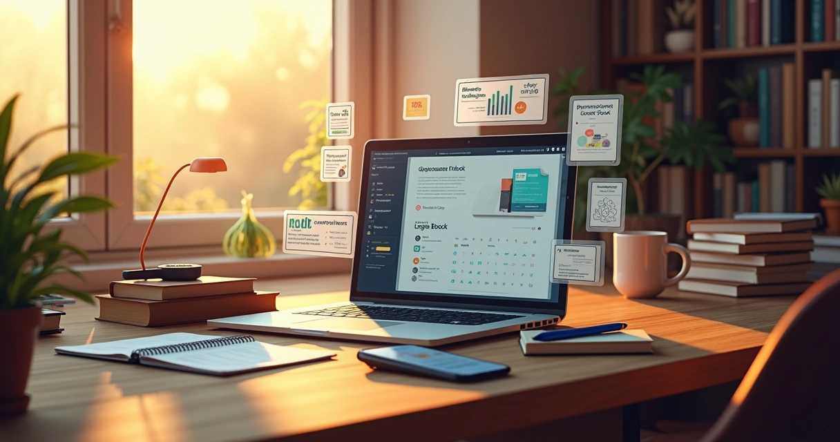 Escritor independente organizando a publicação de um ebook com ilustrações flutuantes de dados da Amazon KDP 