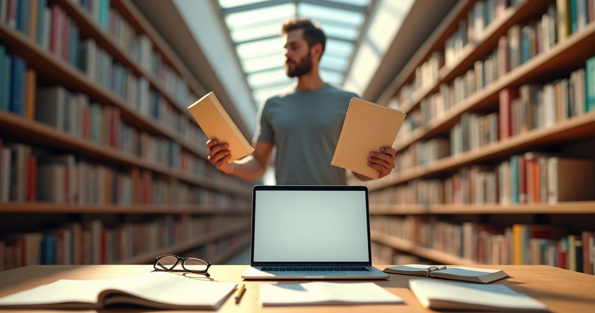 Autor independente organizando originais em salão de biblioteca moderna 
