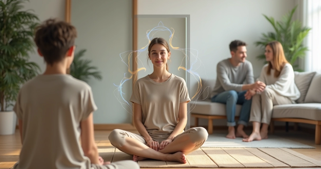 Pessoa em meditação refletida em espelho com versão mais integrada de si mesma 