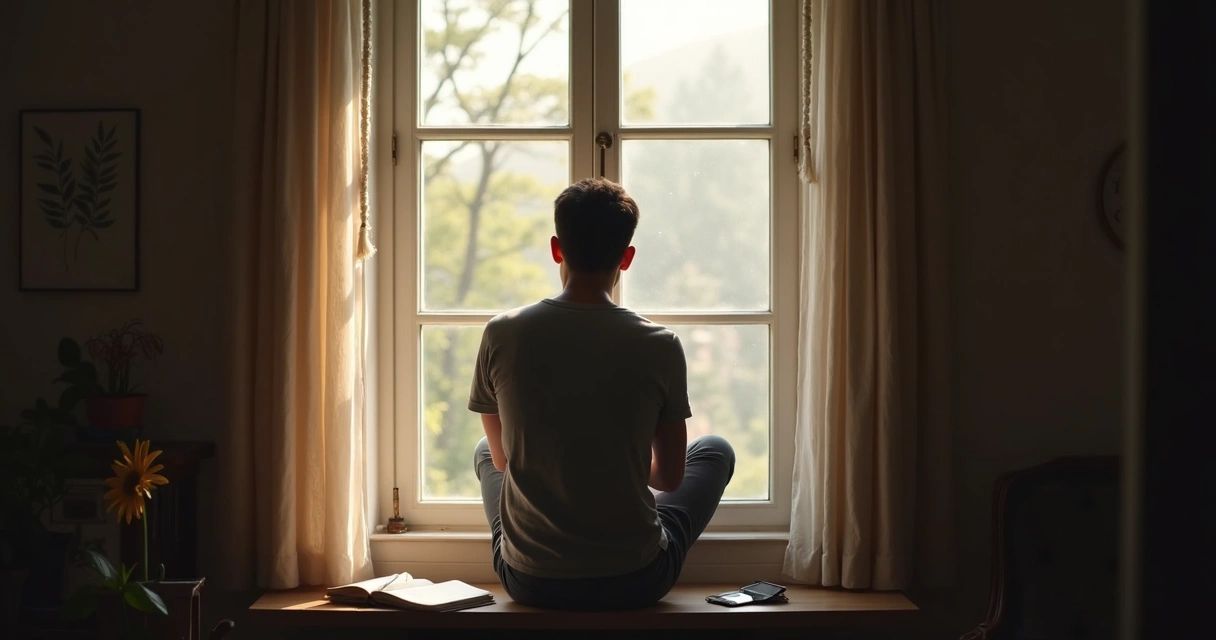 Persona sentada mirando por la ventana pensativa 