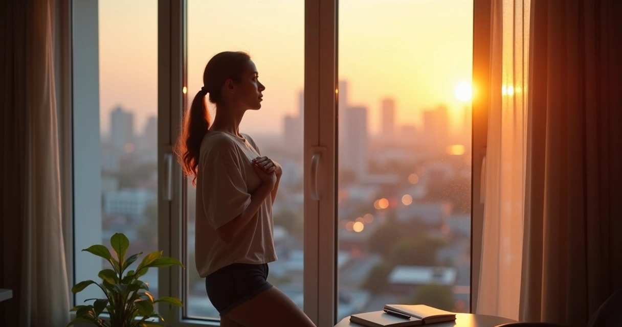 Pessoa encostada em janela respirando fundo com cidade desfocada ao fundo 