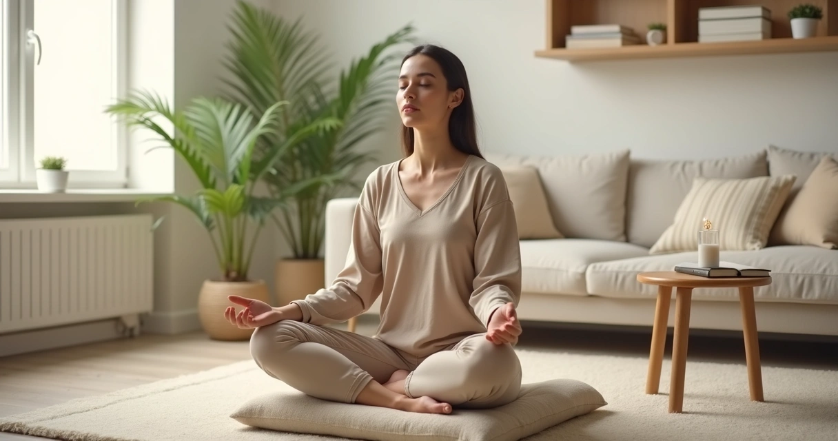 Pessoa sentada em meditação em sala clara com luz suave e plantas 