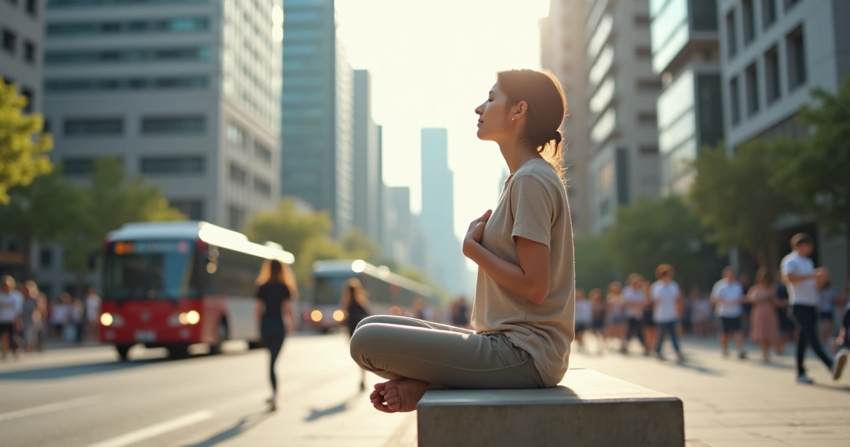 Mulher sentada em ambiente urbano movimentado praticando respiração profunda e autoregulação emocional 