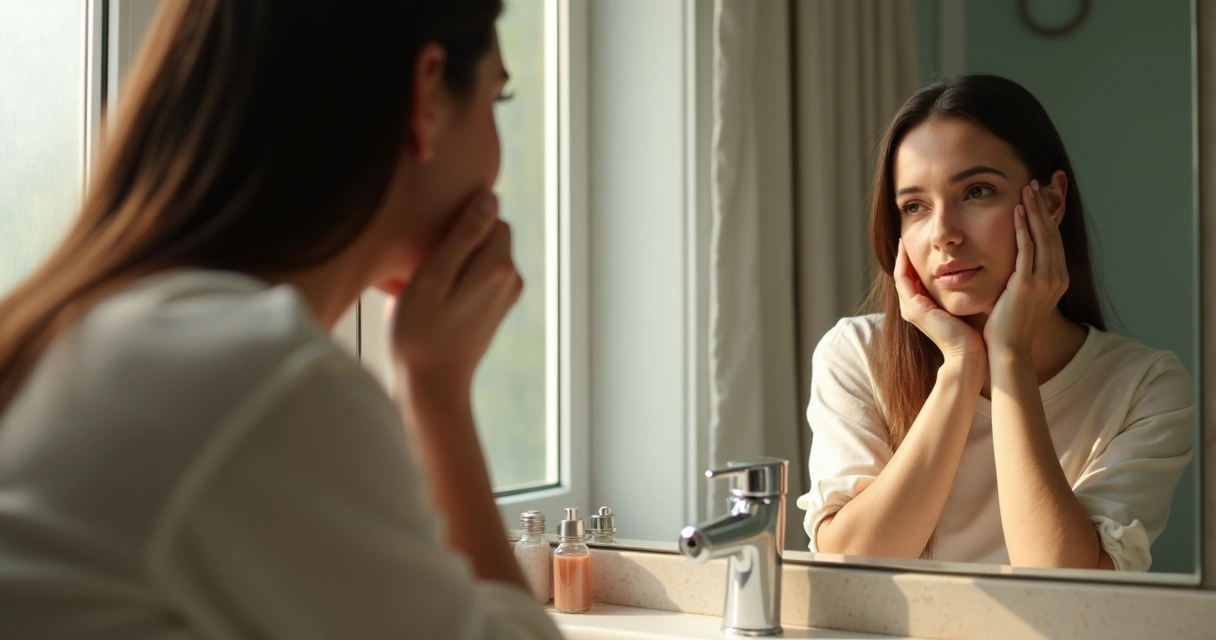 Pessoa adulta olhando para o espelho, refletindo sobre si mesma 